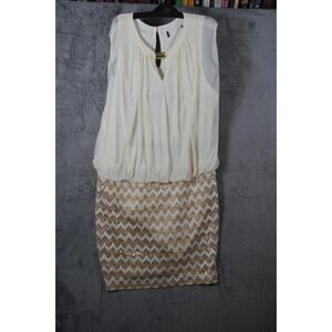 Womens Sleeveless White Gold‎ Chevron Dress Sequin Skirt Blouson Top M Party